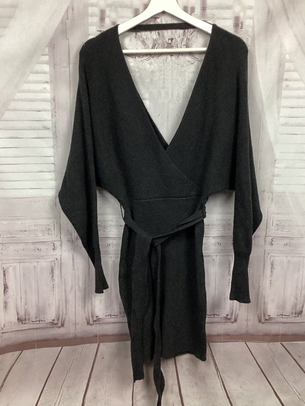 Lush Black Ribbed Knit Long Sleeve Crossover Mini Sweater Dress S